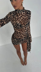 Mesh Leopard Print Turtleneck Mini Dress