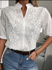 V-Neck Stand Collar Embroidered Lace Shirt
