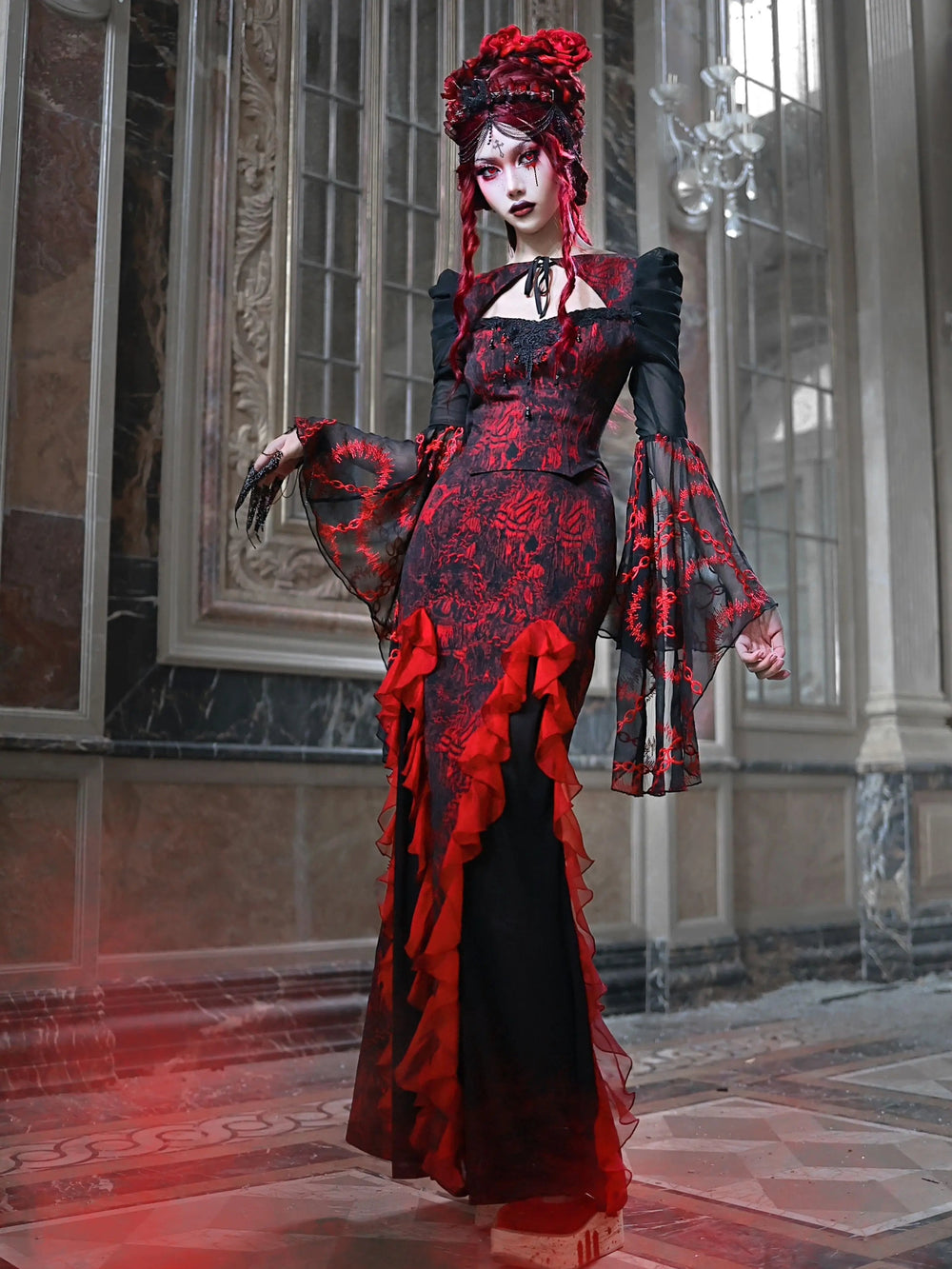 Dark Crimson Ebony Rose Lace Blouse
