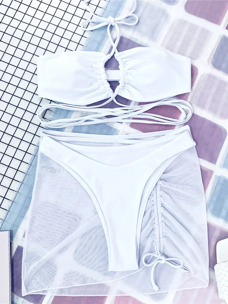 Mesh Sarong Skirt Bikini Three Piece Swimsuit White / S