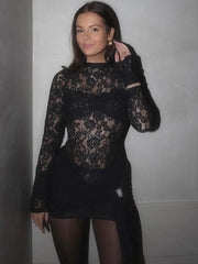 Lace Black Long Sleeve Print Floral Dress