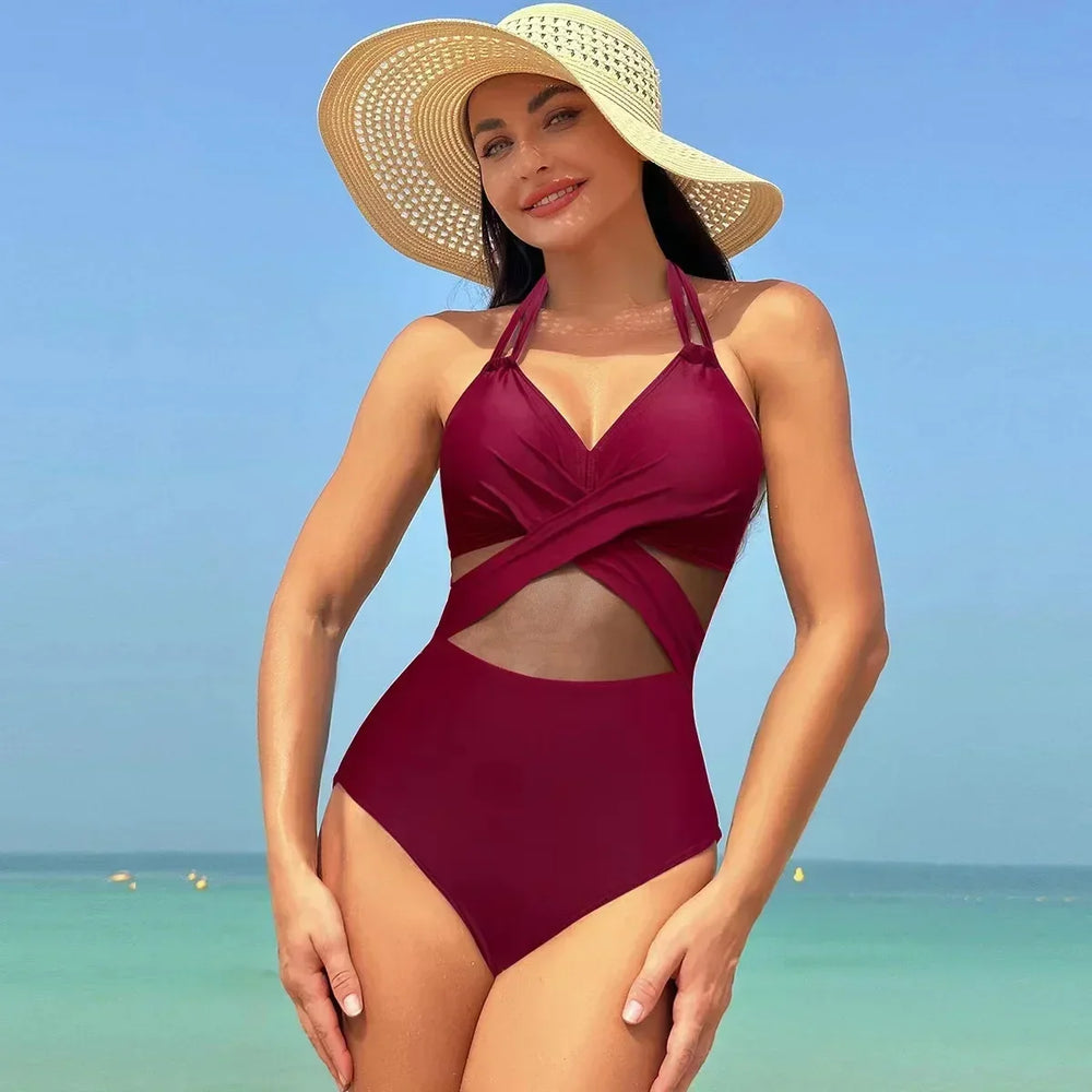 Solid Mesh V-neck One Piece Set Red / S
