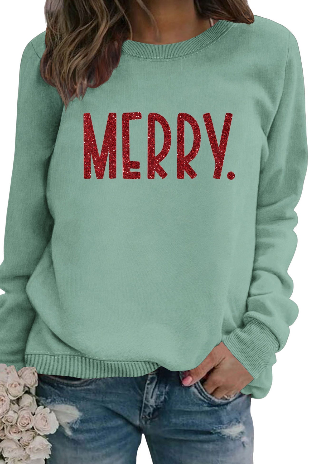 Sequin MERRY Print Sweatshirt