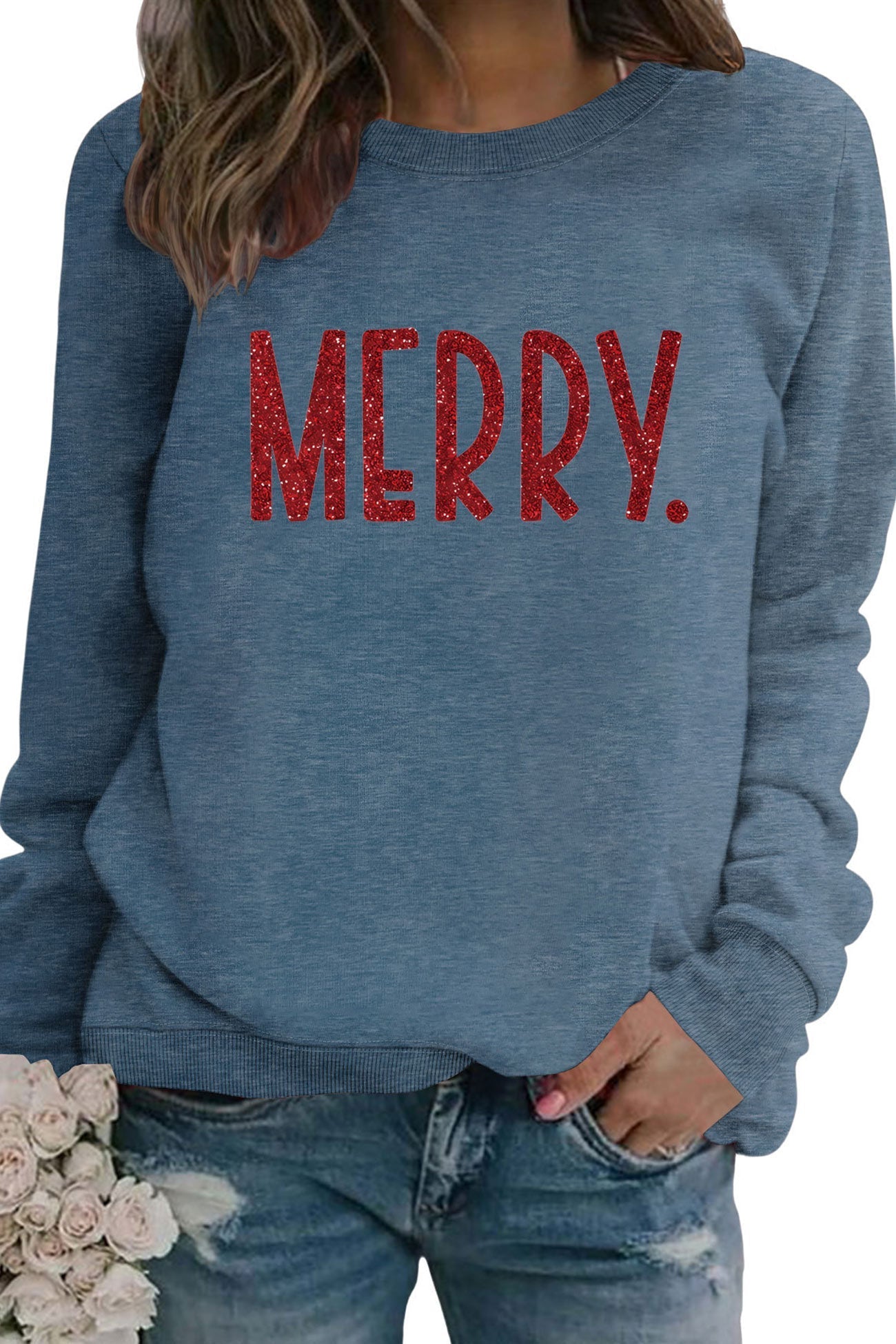 Sequin MERRY Print Sweatshirt