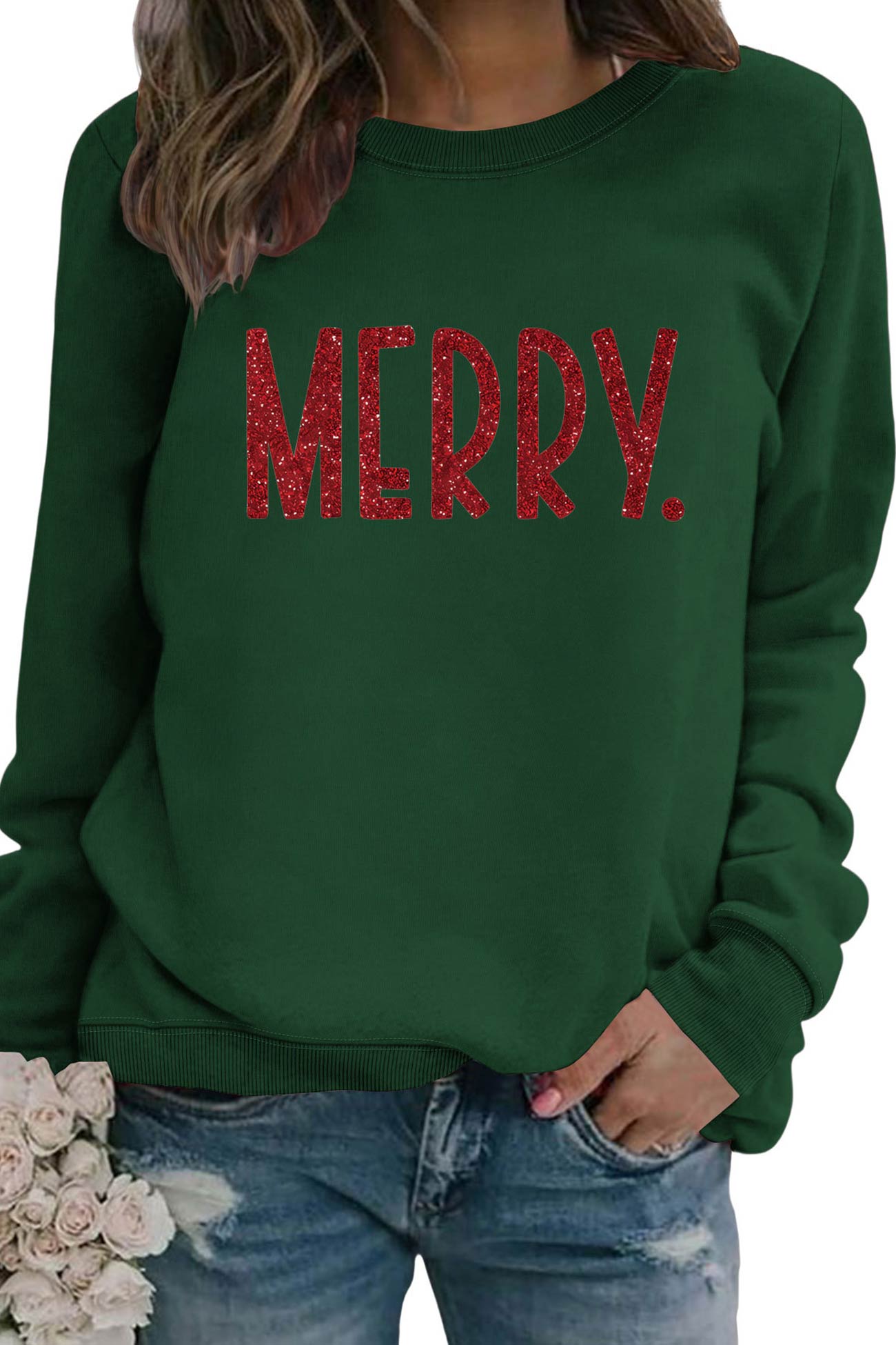 Sequin MERRY Print Sweatshirt