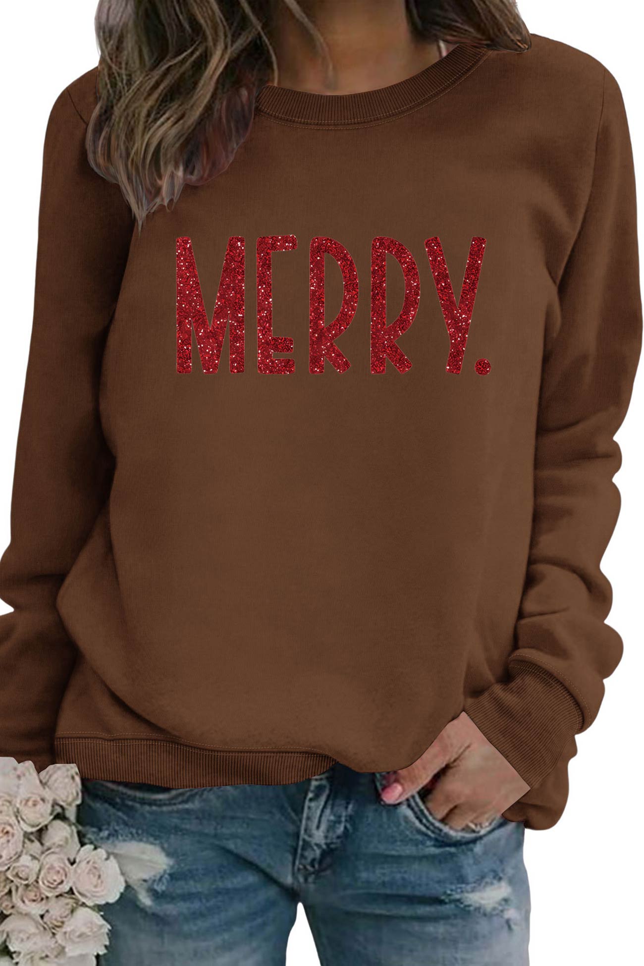 Sequin MERRY Print Sweatshirt