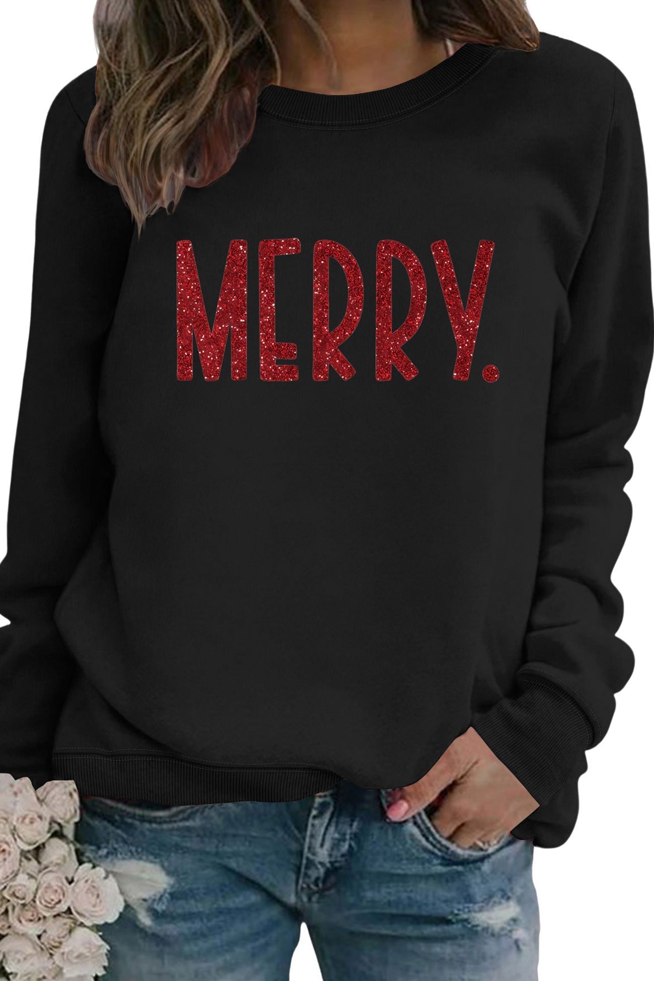 Sequin MERRY Print Sweatshirt