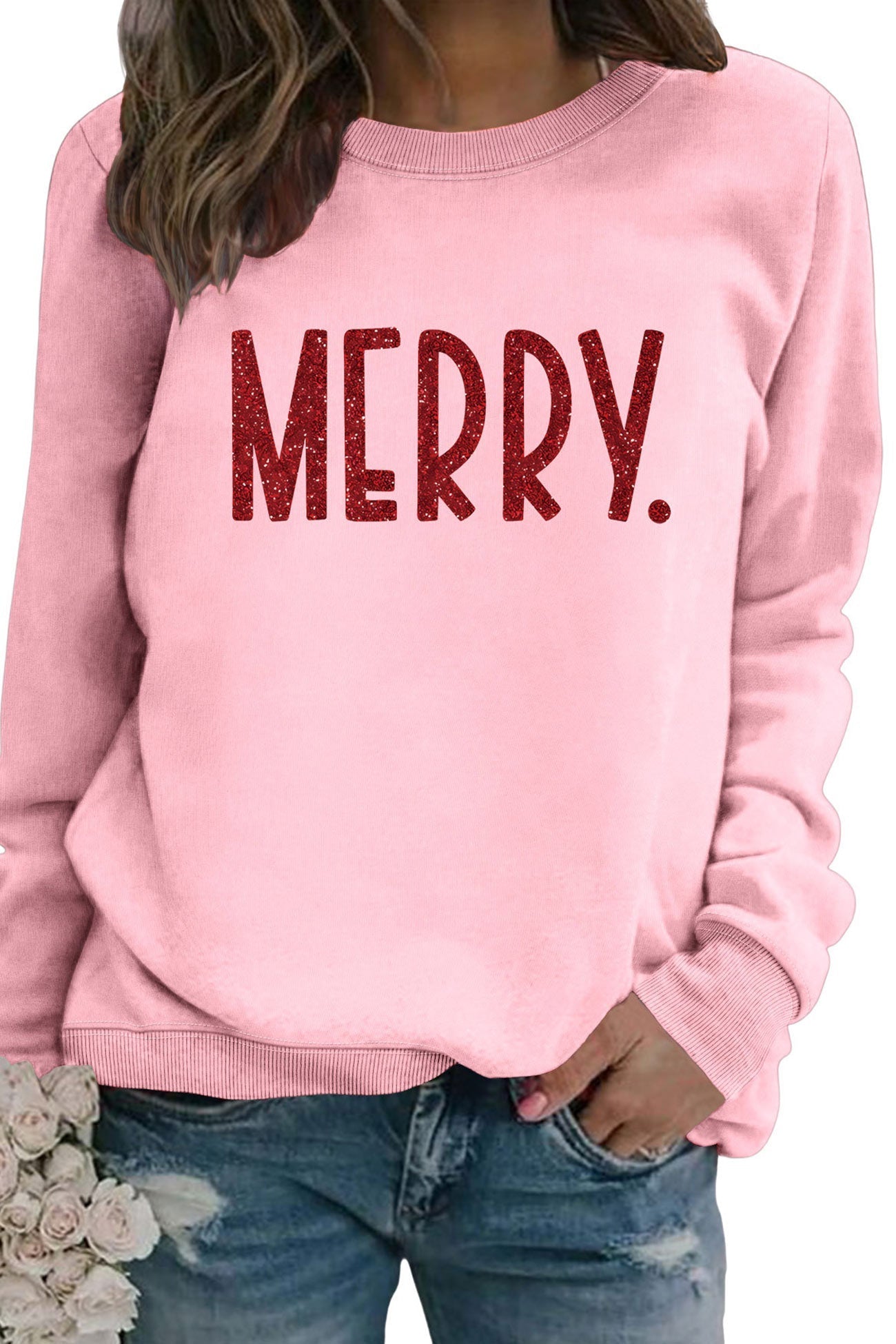 Sequin MERRY Print Sweatshirt