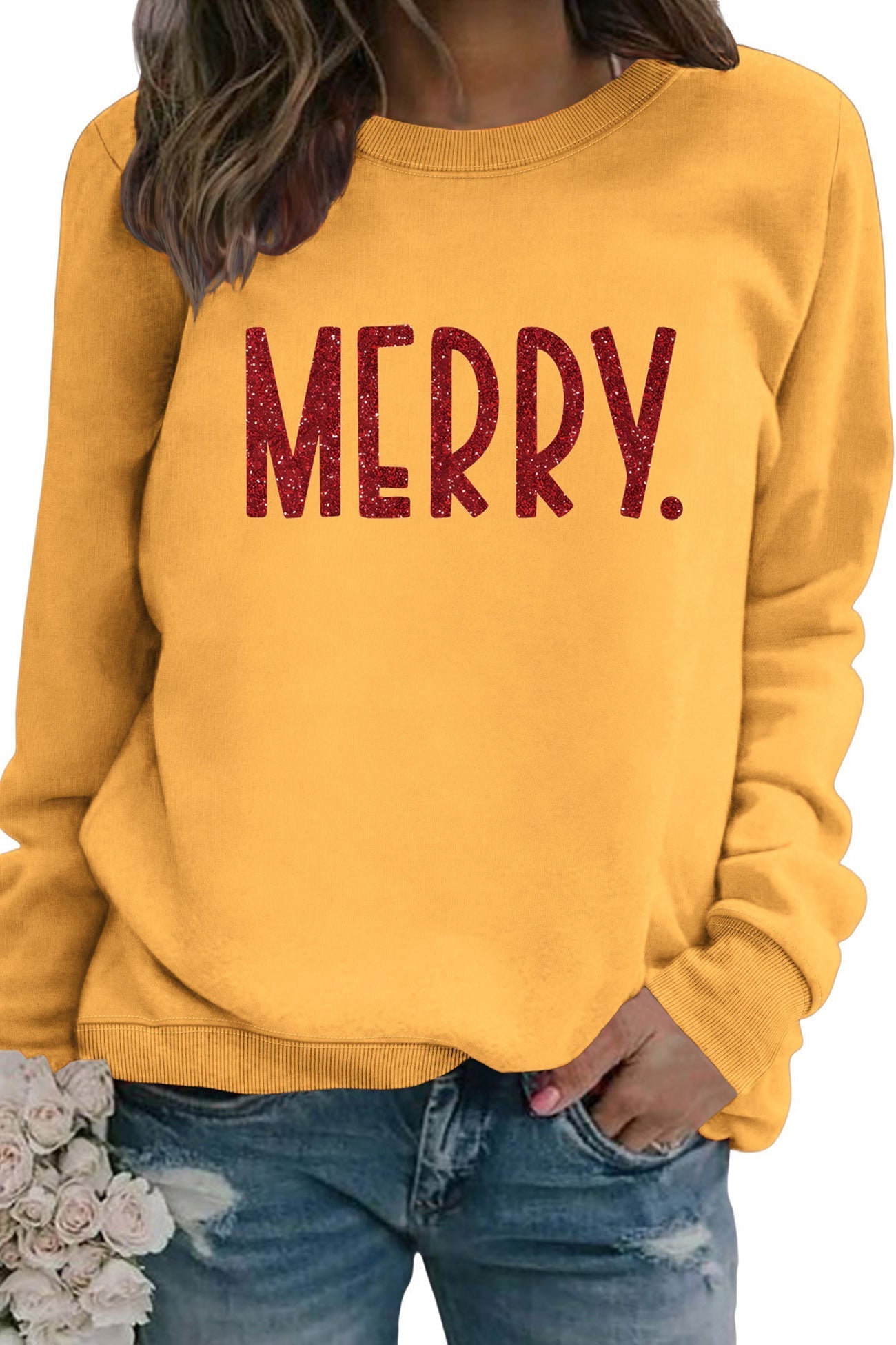 Sequin MERRY Print Sweatshirt