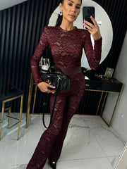 Lace Print Long Sleeve Two Layer Jumpsuits
