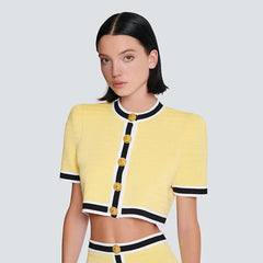 Yellow Short Cardigan and Mini Skirt Suit