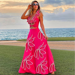 3D Flower Neck Skirt Two Piece Set pink Swimsuit and skirt / S