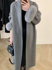 Lace-Up Fur Fluffy Lapel Long Sleeve Overcoat