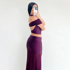 Purple Mesh Two-Piece Set with Sheer Halter Top and Long Skirt