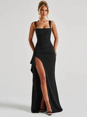 Black Spaghetti Strap Thigh High Split Long Dress