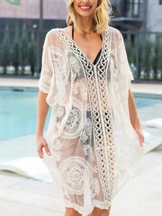 Embroidery Lace V-Neck Bikini Cover Up WHITE / One Size