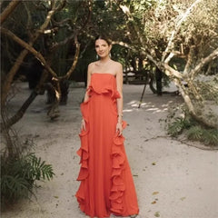 Pleated Chiffon Long Ruffled Strapless Dress