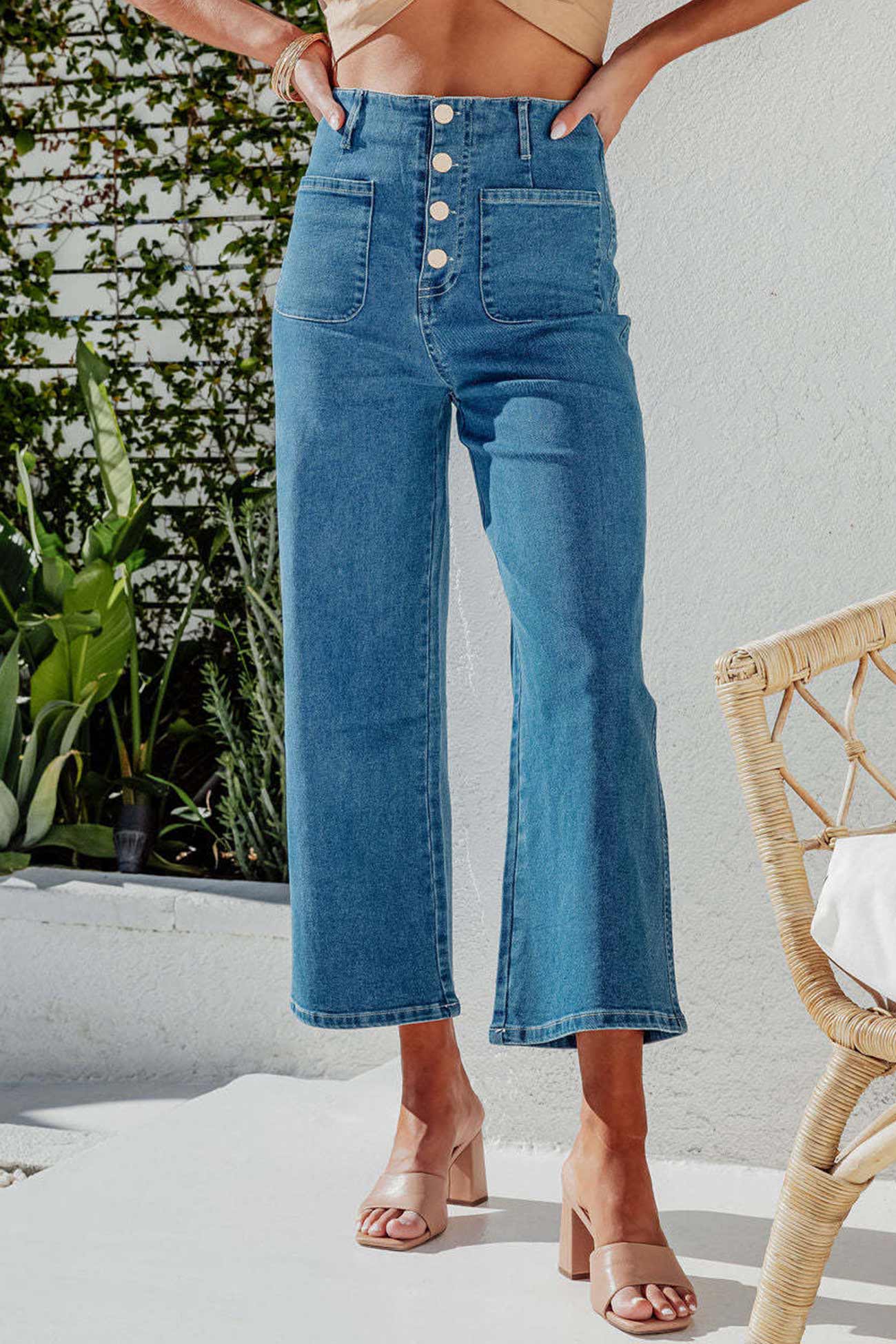 Single-breasted High Waist Cropped Jeans