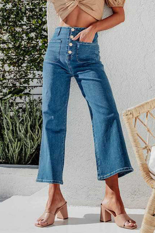 Single-breasted High Waist Cropped Jeans