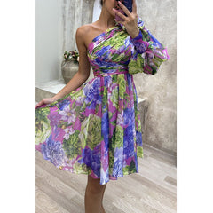 Slant Shoulder Casual Printed Wear Dress Party Zipper Dress