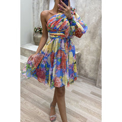 Slant Shoulder Casual Printed Wear Dress Party Zipper Dress