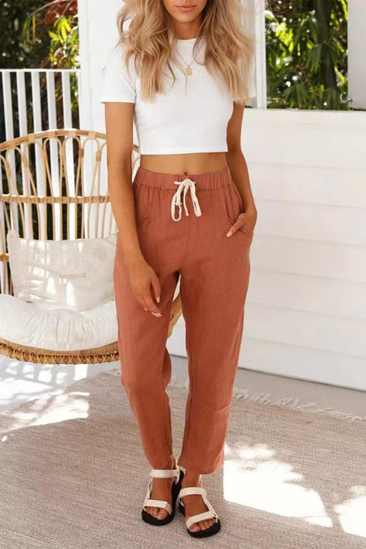 Solid Color Elastic Waist Long Pants