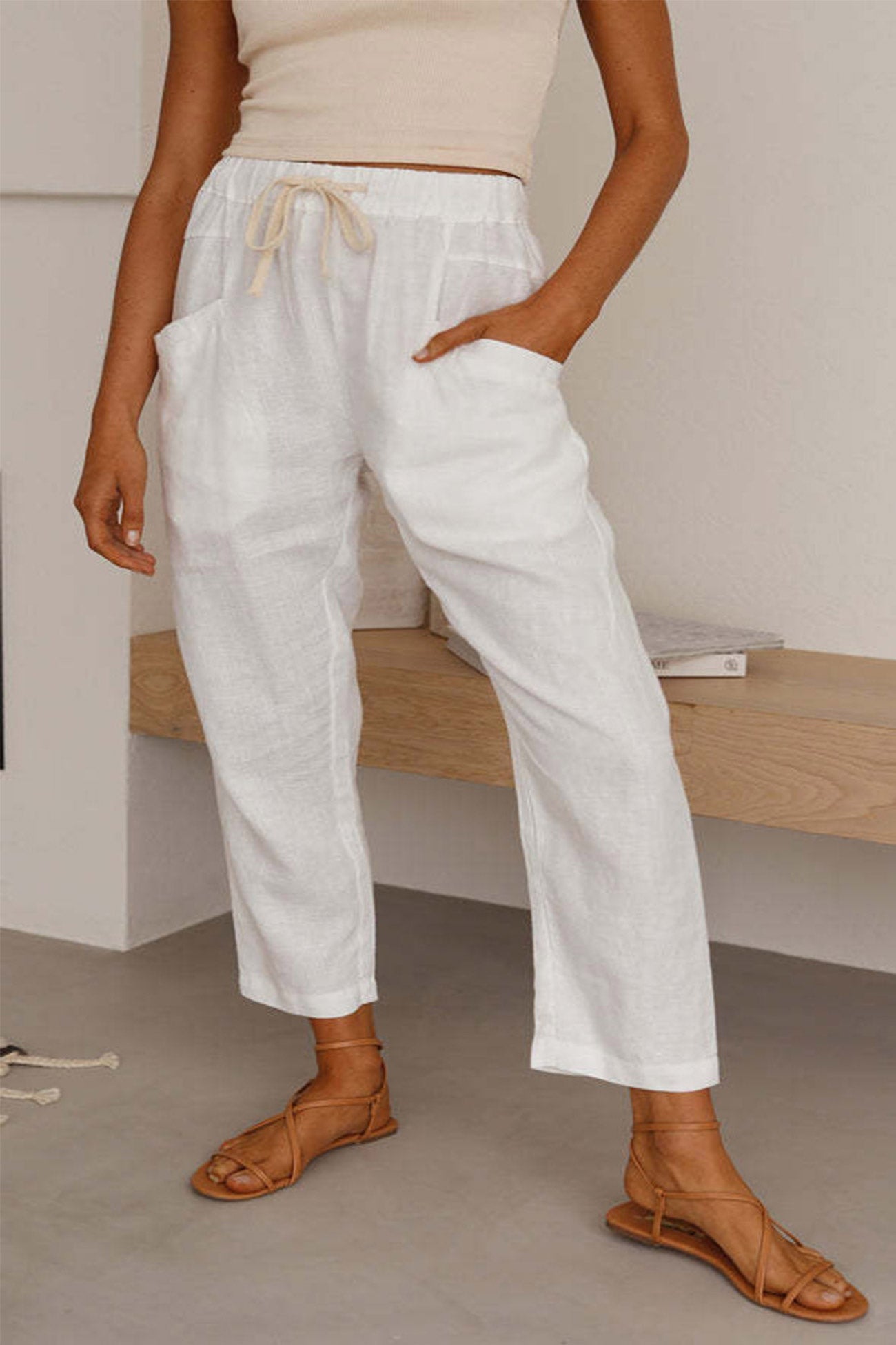 Solid Color Elastic Waist Long Pants