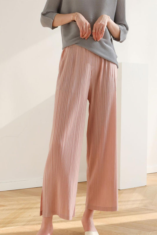 Solid Color Full Pleated Cropped Pants