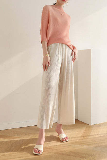 Solid Color Full Pleated Cropped Pants