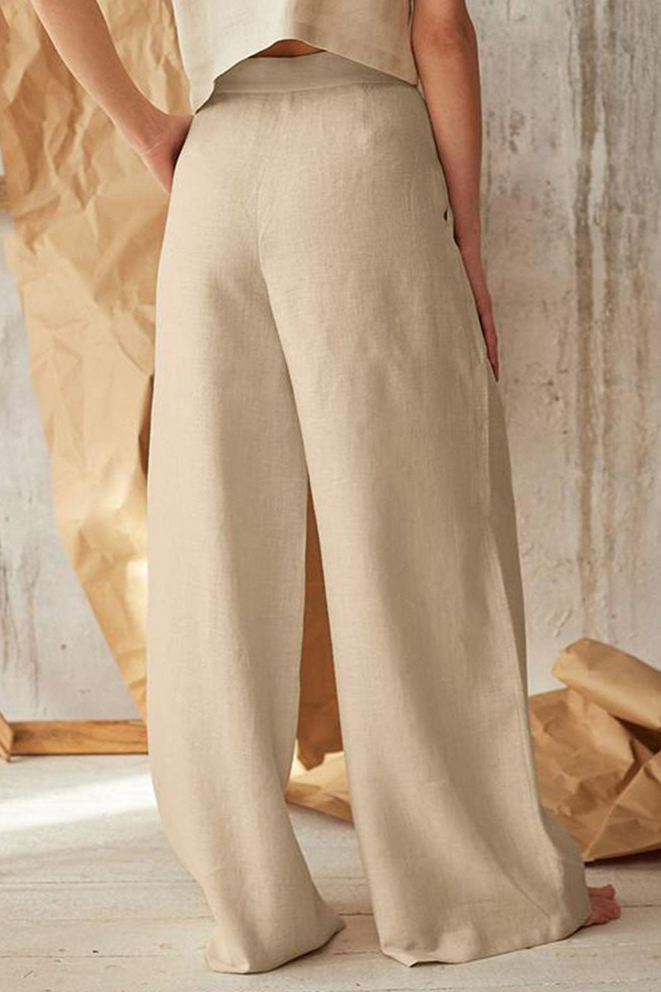 Solid Color Single-breasted Wide Leg Long Pants