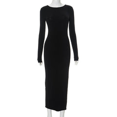 Solid Color Hip Round Neck Backless Long Sleeves Dress