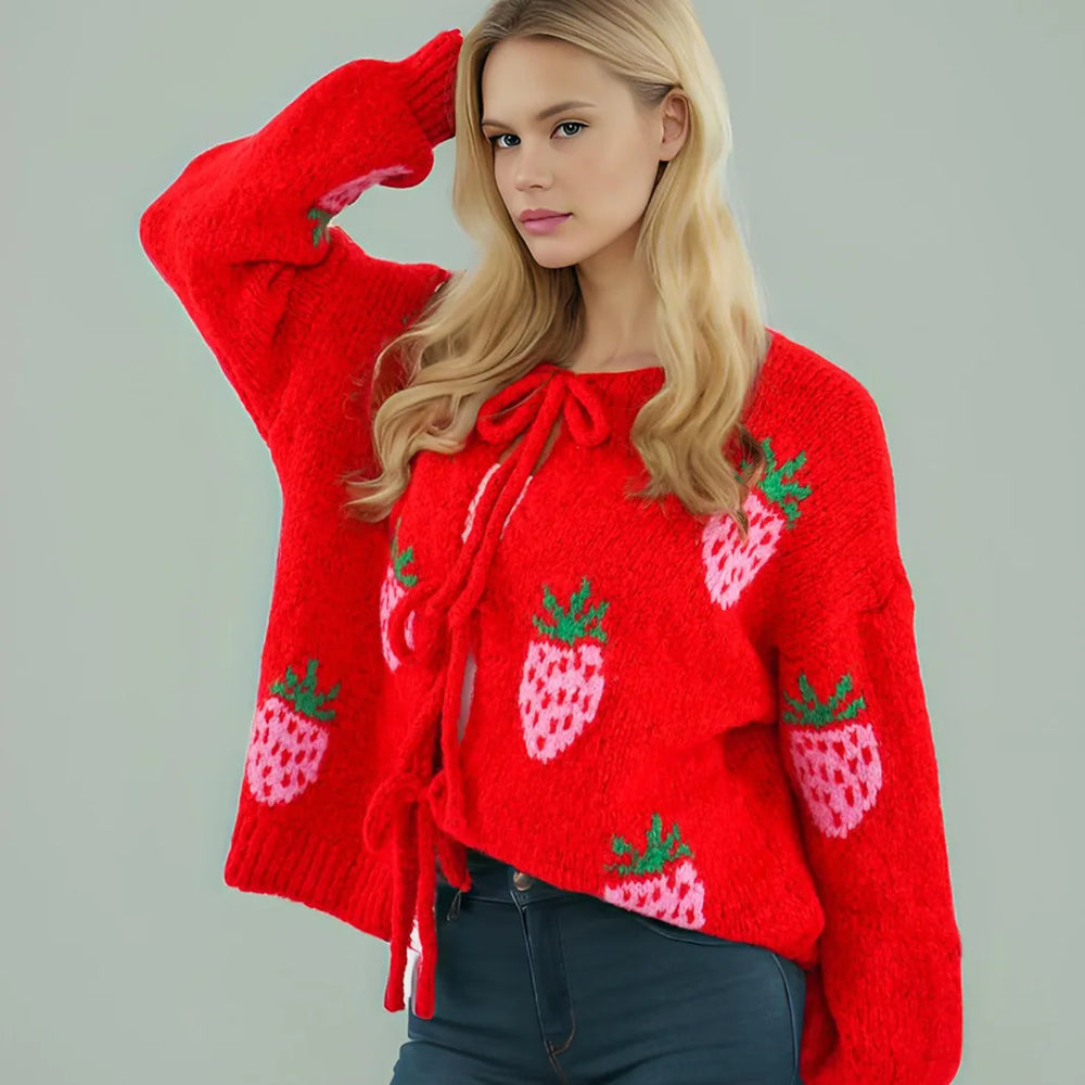 Embroidery Heart Lace-Up Cardigan Cardigan-241208
