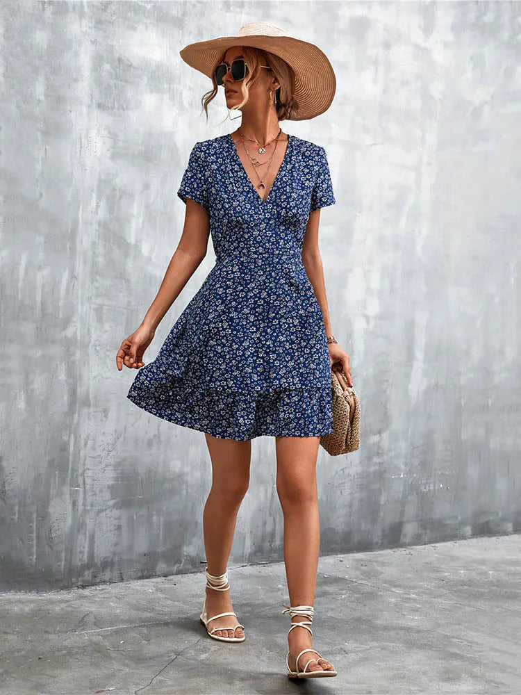Summer Short Boho V Neck Floral Party Bohemian Flower Mini A Line Dress