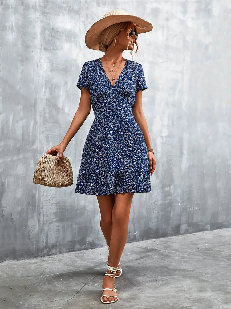 Summer Short Boho V Neck Floral Party Bohemian Flower Mini A Line Dress