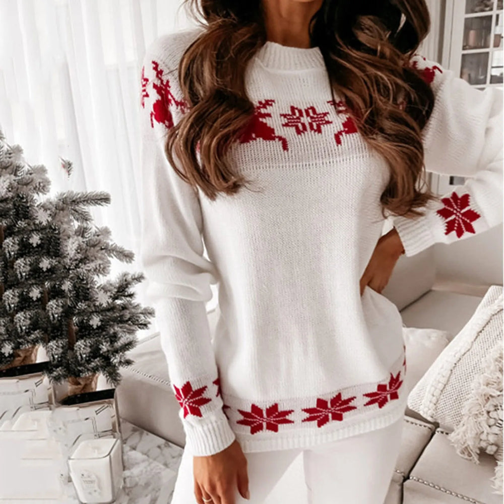 Knitted Round Neck Casual Long Sleeve Christmas Deer Jumper Sweater Sweaters-L