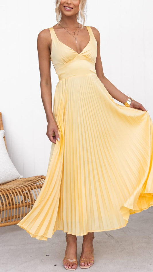 Pleated V-Neck Maxi Dress
