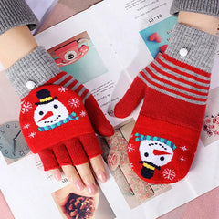 Christmas Elk Printed Knitted Flip Half Finger Winter Glove Gloves-L