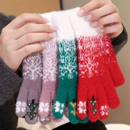 Cashmere Christmas Tree Knit Skiing Full Finger Plush Gloves