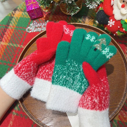 Cashmere Christmas Tree Knit Skiing Full Finger Plush Gloves