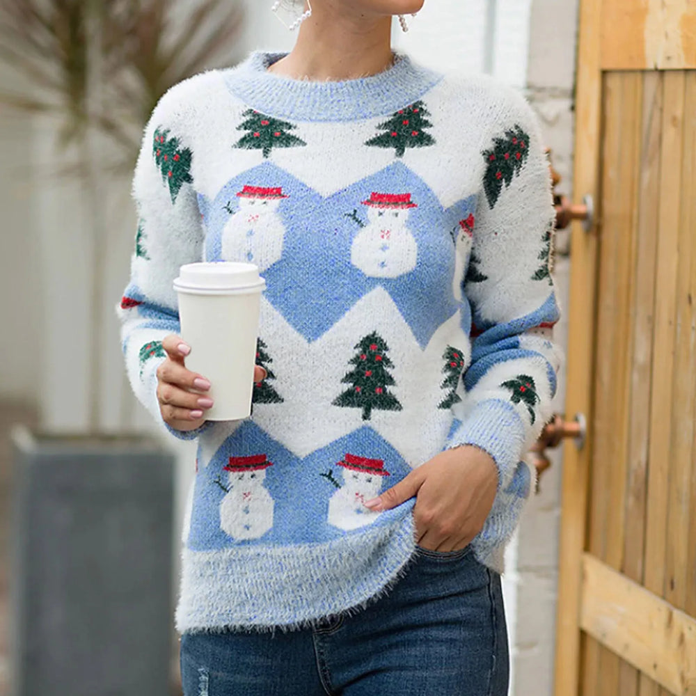 Ugly Christmas Snowman Cartoon Knit Long Sleeve Female Tree Sweater Blue / S Sweaters-L