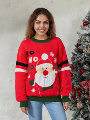 Christmas Santa Jacquard Patchwork Long Sleeve Crew Neck Loose Sweater Sweaters-L