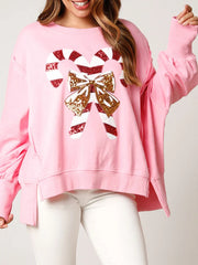 Christmas Sequin Candy Cane Holiday Oversized Side Slit Sparkly Pullover Hoodie Hoodies-L