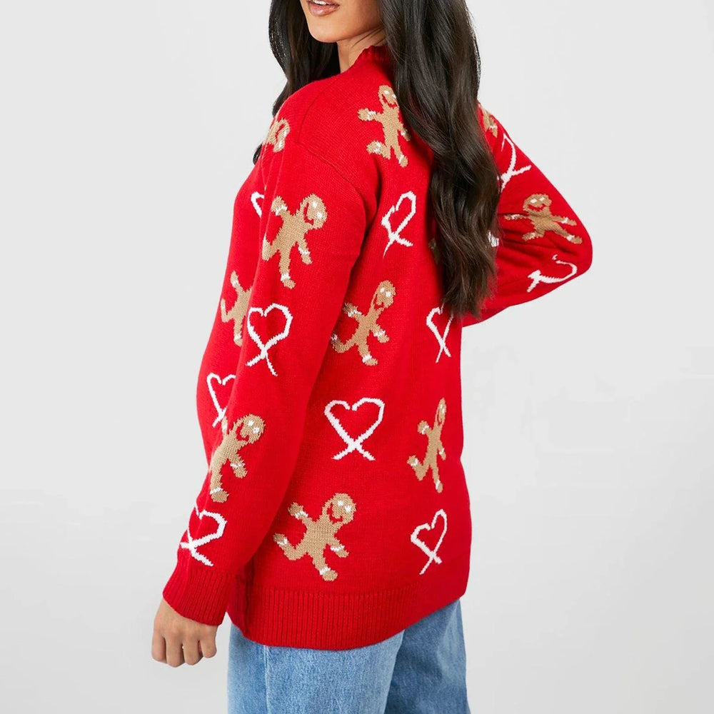 Christmas Gingerbread Print Long Sleeve Round Neck Casual Loose Sweater Sweaters-L