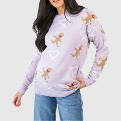 Christmas Gingerbread Print Long Sleeve Round Neck Casual Loose Sweater Sweaters-L