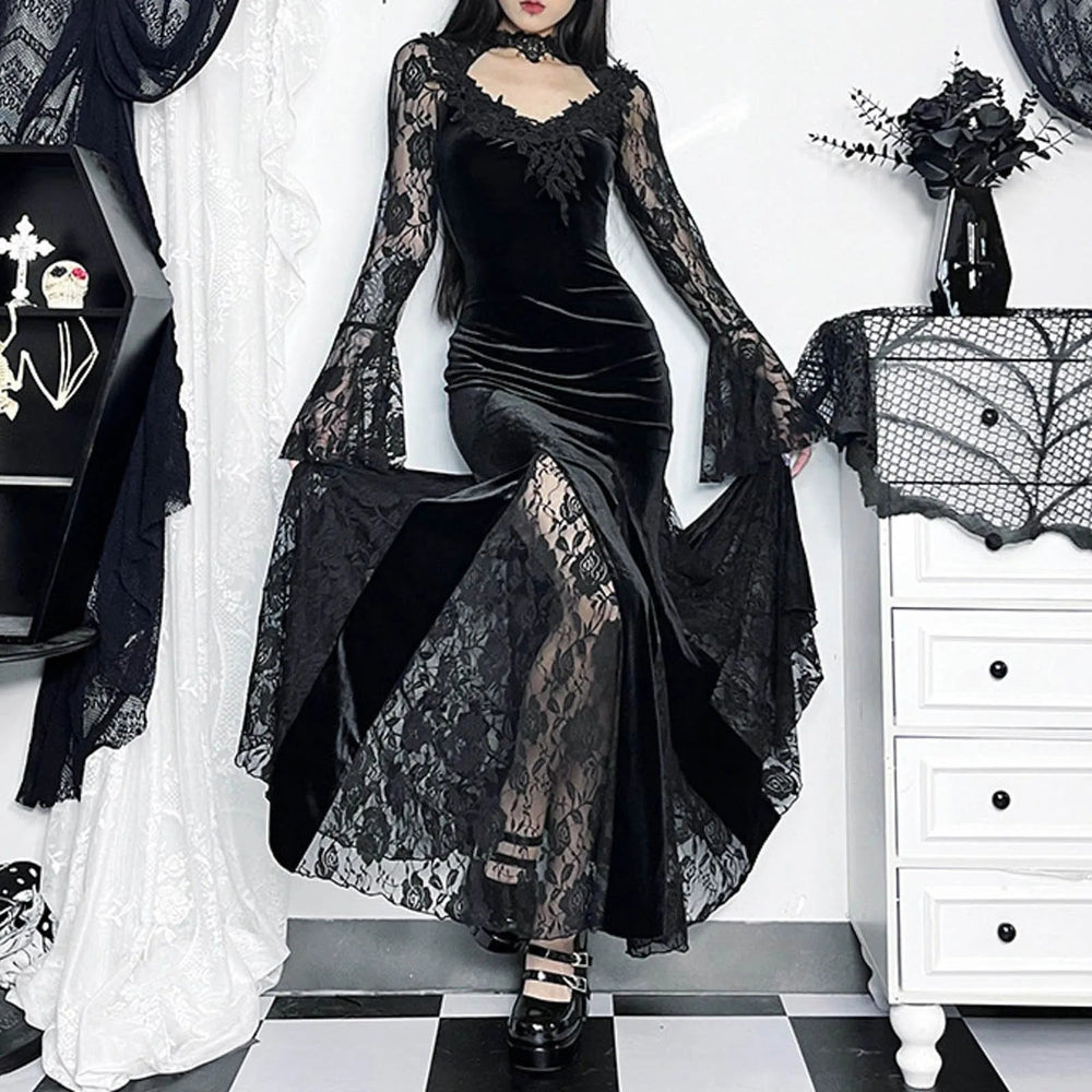 Dark Plaid Elegant Short Long Dress Black / S