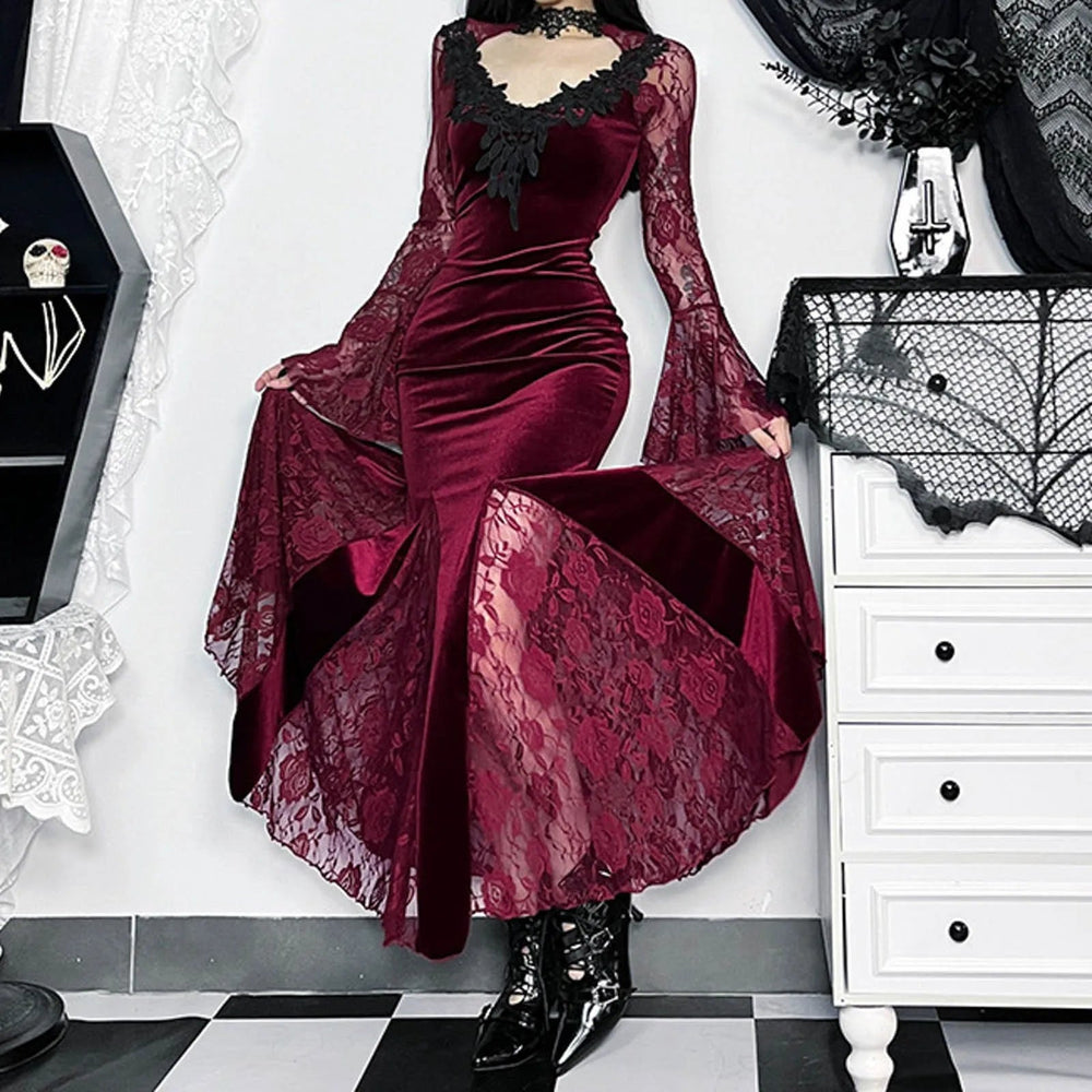 Dark Plaid Elegant Short Long Dress Wine / S