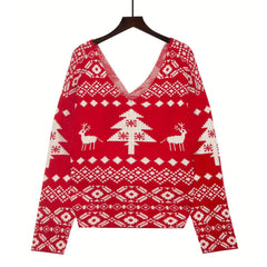 Sexy Oversized Low Back Deep V-Neck Hot Red Pullover Christmas Sweater Sweaters-L