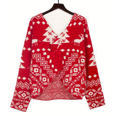 Sexy Oversized Low Back Deep V-Neck Hot Red Pullover Christmas Sweater Sweaters-L