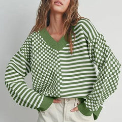 Loose Striped Plaid Casual Long Sleeve Cute Retro Chic Green Christmas Sweater Sweaters-L