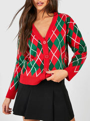 Christmas Sweater Button Diamond Cardigan Cardigan-241208